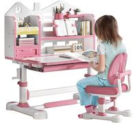 Ensemble bureau et chaise pour enfants, adapté aux âges de 3 à 18 ans, avec un bureau réglable en hauteur, une surface d'écriture inclinable et une étagère à livres. Bureau d'activités pour enfants av