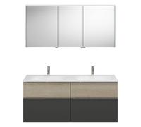 Ensemble burgbad Fiumo, composé d'une armoire de toilette, d'un lavabo en fonte minérale et d'un meuble sous-lavabo, avec façade plissée, largeur : 1420 mm., SGGT142RF3958G0146, Couleur: Graphite doux