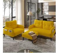 Ensemble canapé 3 pièces en tissu côtelé jaune avec canapé 2 places, fauteuil, pouf et poches latérales