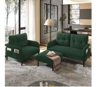 Ensemble canapé 3 pièces en velours côtelé vert émeraude, canapé 2 places, fauteuil et pouf avec poches latérales