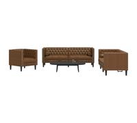 Ensemble canapé Chesterfield Marron en Similicuir Daim 3 pièces Fauteuil 2 et 3 Places avec traversins et Coussins pour Salon séjour Bureau Moderne Vintage