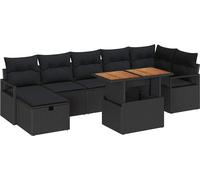 Ensemble canapé de jardin 8 pcs, salon extérieur modulable 7 places, polyrotin noir et bois d'acacia, avec table et pouf, durable 845 kg