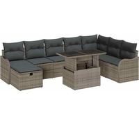 Ensemble canapé de jardin modulable, 8 places, poly rotin gris texturé, cadre acier laqué, table en verre trempé, coussins polyester, 9 pièces