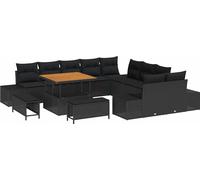 Ensemble canapé de jardin modulaire, 12 places, poly rotin noir, pieds réglables, résistant intempéries UV, coussins déhoussables, table ajustable