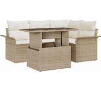 Ensemble canapé de jardin modulaire 5 pcs, 4 places, en poly rotin beige résistant aux UV, avec coussins déhoussables et table basse en verre trempé