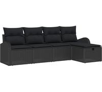 Ensemble Canapé de Jardin Modulaire 5 Pièces, Poly Rotin & Bois d'Acacia, avec Rangement, Table Réglable, Coussin d'Extérieur Noir, 5 Places
