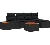 Ensemble canapé de jardin modulaire 6 pièces, salon extérieur en poly rotin et bois d'acacia, 5 places, coussins inclus, résistant UV, noir