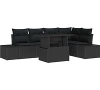 Ensemble canapé de jardin modulaire 6 places, poly rotin noir, avec coussins en polyester, table à hauteur réglable en verre trempé, pieds ajustables