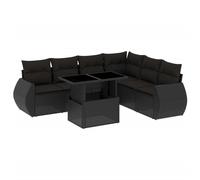 Ensemble canapé de jardin modulaire, 7 pièces, résine tressée noire, table basse relevable en verre trempé, coussins déhoussables lavables
