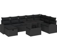 Ensemble Canapé de Jardin Modulaire 9 pcs, Poly Rotin Noir Texturé, Capacité 8 Places, Rangement Intégré, Table Réglable, Coussin d'Extérieur