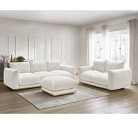 Ensemble canapé droit fixe 3 + 2 places ERNEST tissu bouclette avec pouf blanc BOBOCHIC 5 places Blanc