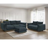 Ensemble canapé droit fixe 3 + 2 places ERNEST tissu velours côtélé avec pouf bleu foncé BOBOCHIC 5 places Bleu foncé