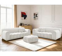 Ensemble canapé droit fixe 3 + 2 places MELISSE tissu texturé avec pouf blanc BOBOCHIC 5 places Blanc