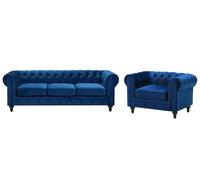 Ensemble canapé et fauteuil en velours bleu cobalt 4 places CHESTERFIELD