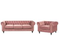 Ensemble Canapé et Fauteuil en Velours Rose Dossier à Points Diamant Chesterfiel