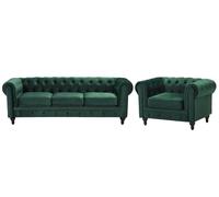 Ensemble Canapé et Fauteuil en Velours Vert Dossier à Points Diamant Chesterfiel