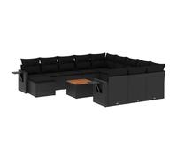 Ensemble canapé modulable de jardin 13 pcs, résine tressée noire, coussins déhoussables lavables, table d'appoint acacia, résistant aux UV