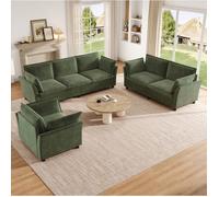 Ensemble canapé modulaire 3+2+1 en chenille verte avec fauteuil, assise moelleuse et structure fixe