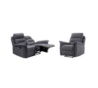 Ensemble canapé relax manuel LÉON 2 places + fauteuil manuel en tissu gris foncé - LOUNGITUDE