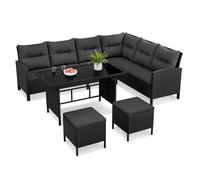 Ensemble Chaises et Table Jardin 4 Pièces, Canapés Rotin Extérieur Table Verre, Ottomans Osier,Balcon Terrasse, Noir/Gris YAHEETECH