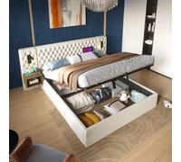 Ensemble chambre 180x200cm lit coffre hydraulique, 2 chevets bois, lampe USB, beige