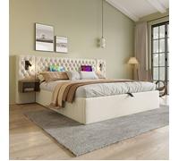 Ensemble chambre à coucher - Velours beige - Lit double 160x200 cm - Rangement hydraulique - USB