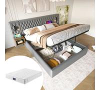 Ensemble chambre complet, lit capitonné hydraulique avec rangement double 160×200 cm avec 2 tables de chevet, tête avec lumière de lecture et USB, gris, velours