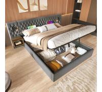 Ensemble chambre complet, lit capitonné hydraulique avec rangement double 180x200cm avec 2 tables de chevet, tête lumière de lecture USB, gris velours (sans matelas)