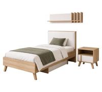 Ensemble chambre enfant MALMO avec lit 90x200, chevet et étagère – Chêne clair et blanc