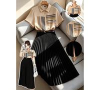 Ensemble chemise à manches courtes avec boutons devant et jupe plissée, style rayures et patchwork, grande taille, pour le travail 0XL,1XL,2XL,3XL,4XLPlantesPolyester,Tissu tissé