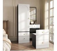 Ensemble coiffeuse + armoire, meuble de rangement pour chambre à coucher avec tabouret coulissant, miroir en pied et tiroirs