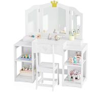 Ensemble Coiffeuse Enfant LALAHO avec 3 Miroirs Pliants, 3 Tiroirs et 4 Étagères - Design Couronne, Blanc