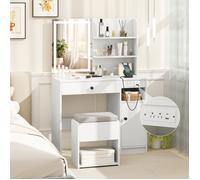 Ensemble Coiffeuse et Tabouret avec Miroir COSTWAY, Lumières à 3 Modes d'Éclairage, Station de Charge, Tiroir, Étagère Réglable