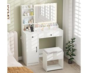Ensemble Coiffeuse et Tabouret avec Miroir LED COSTWAY, Couleurs Réglables, Station de Charge, 2 Tiroirs, Espace de Rangement,Blanc
