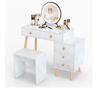 Ensemble Coiffeuse et Tabouret COSTWAY, Miroir LED Amovible, 3 Modes d’Éclairage, 5 Tiroirs, Finition Effet Marbre, Pieds en Chêne