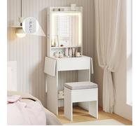 Ensemble Coiffeuse et Tabouret COSTWAY Miroir, Lumières Réglable, Plateau en Verre, Station de Charge, Panneaux Rabattables, Tiroir