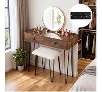 Ensemble Coiffeuse et Tabouret COSTWAY, Miroir Réglable Éclairé, Station de Charge Intégré, 2 Tiroirs, Pieds en Métal, Cadeau Idéal