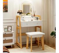 Ensemble Coiffeuse et Tabouret COSTWAY, Table de Maquillage avec Miroir LED et 3 Tiroirs, Cadre en Bois, Cadeau pour Femmes Filles