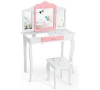 ensemble coiffeuse GIANTEX et tabouret pour enfants, miroir à 3 volets amovible, table de maquillage avec tiroir, blanc Blanc G