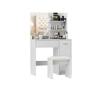 Ensemble coiffeuse miroir avec tabouret - porte, tiroir, 4 étagères, niche - blanc