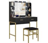 HomCom – Coiffeuse avec miroir et éclairage intégré, 2 tiroirs, étagères, tabouret rembourré, noir