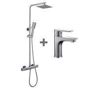 Ensemble colonne de douche thermostatique QUAD + robinet de lavabo Den. Tuyau réglable en hauteur de 73 à 122 cm. Chrome brillant