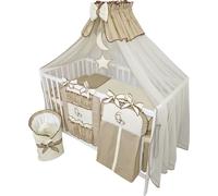 ensemble complet de berceau Happy Leo 16 pièces avec matelas à hauteur réglable pour nouveau-nés et enfants en bois massif (Dark Beige - Teddy Bear Moon)
