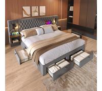 Ensemble complet de chambre à coucher Bettanlage, comprenant un lit double rembourré de 160x200 cm, 2 tables de chevet et 4 tiroirs, ainsi qu'une tête de lit avec éclairage de lecture et fonction de c