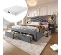 Ensemble complet de chambre à coucher, lit rembourré double 160 × 200 cm avec 2 tables de chevet et 4 tiroirs (matelas inclus)