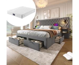 Ensemble complet de chambre à coucher, lit rembourré double 160 × 200 cm avec 2 tables de chevet et 4 tiroirs (matelas inclus)