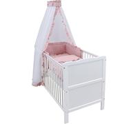 Ensemble complet de lit bébé, transformable en lit pour enfant de 60x120 cm, de couleur blanche, comprenant 10 pièces : lit, matelas, ciel de lit en mousseline (avec volants, couleur rose royale)