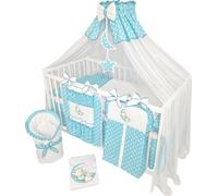 ensemble complet de lit de bébé Happy Leo 16 pièces avec matelas réglable en hauteur pour nouveau-nés et tout-petits en bois massif (Azure - Teddy Bear Moon)