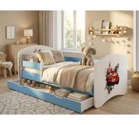 Ensemble complet de lit d'enfant 140 x 70 cm | Lit avec tiroir, matelas et barrière de sécurité | Lit bleu et blanc pour filles et garçons, motif voiture
