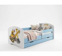 Ensemble complet de lit d'enfant 140 x 70 cm | Lit avec tiroir, matelas et barrière de sécurité | Lit bleu et blanc pour filles et garçons, motif pelleteuse